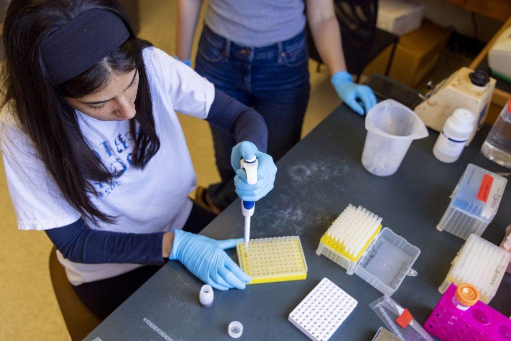 Aerial image of students working in a lab.